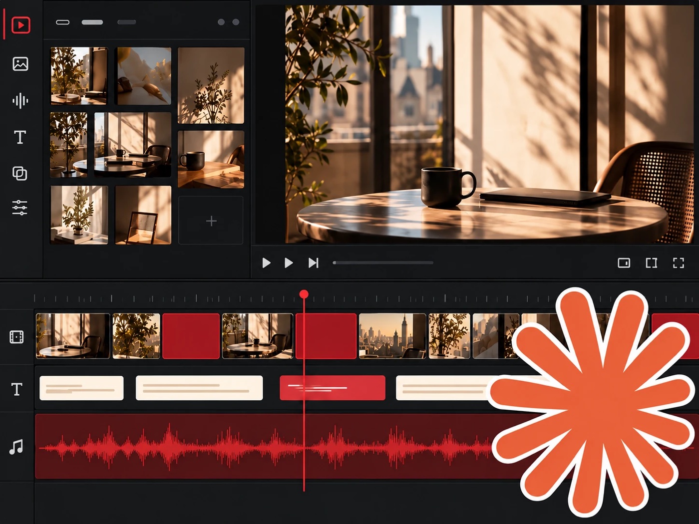 Editor de vídeo com uma linha do tempo de clips, texto e som