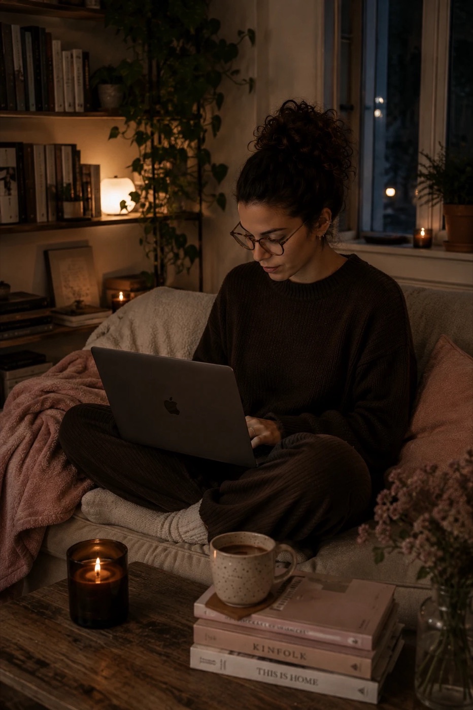 A Cátia a trabalhar à noite, ao computador
